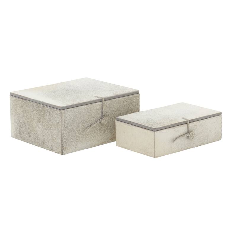 Gray Leather Handmade Box with Hinged Lid (Set of 2) - White or Gold