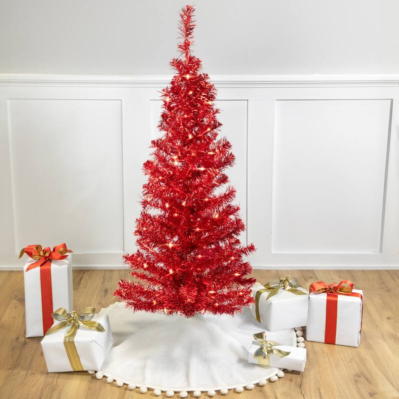 Pre-Lit Artificial Tinsel Christmas Tree - 4' - Red - Clear Lights - 4 Foot