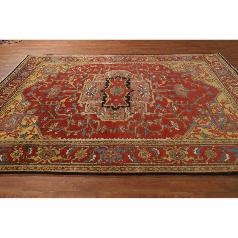 Hand Knotted Oriental 100% Wool Carpet Traditional Floral Red Heriz (serapi) Area Rug - 10' 1'' X 7' 11''