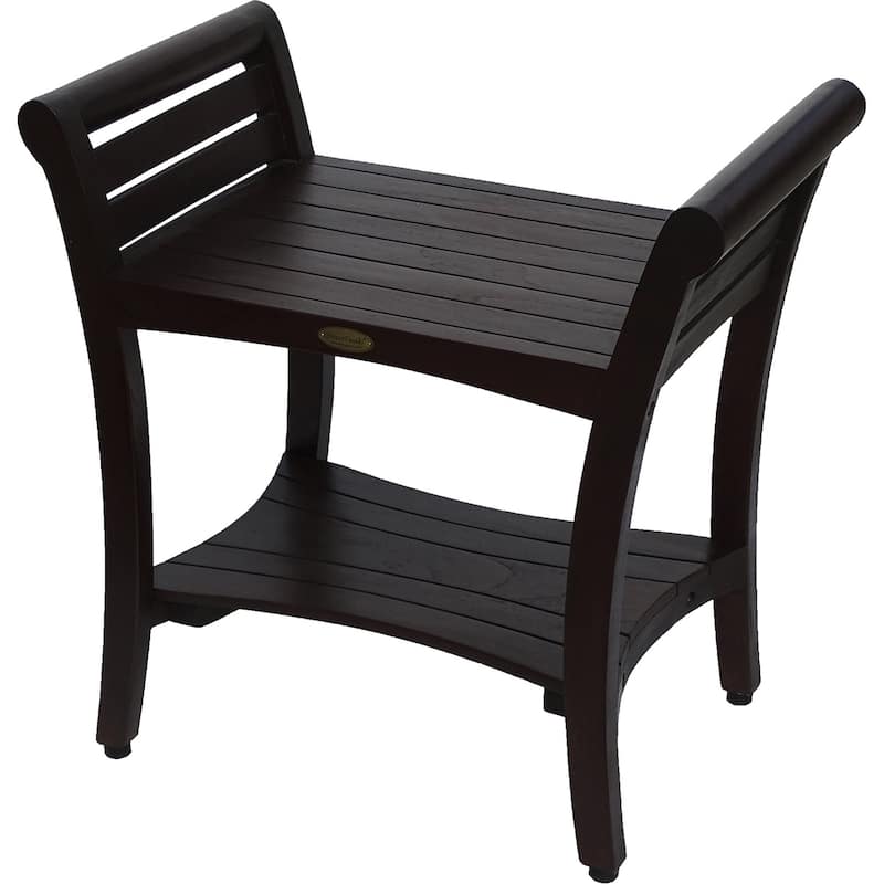 Compact Rectangular Teak Shower / Outdoor Bench with Shelf and Curved Liftaide Arms in Brown Finish