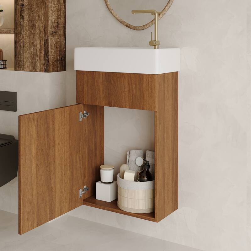 16.5" Modern Floating Bathroom Vanity - with Integrated Ceramic Basin & Storage, Wall-Mounted Vanity for Small Bathrooms