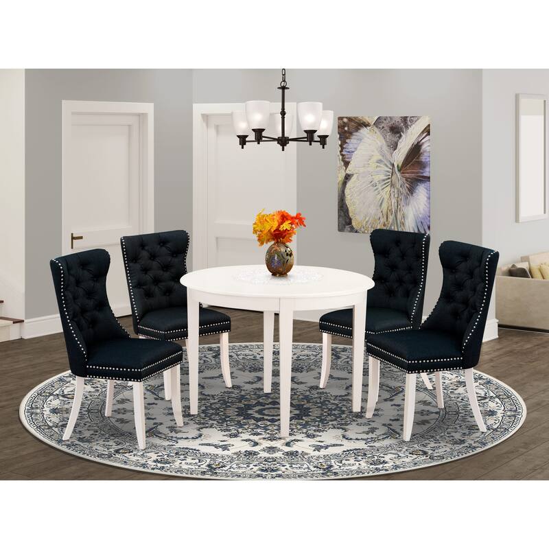East West Furniture Dining Table Set Includes a Round Kitchen Table and Padded Parson Chairs, Linen White (Pieces Options) - BODA5-WHI-24