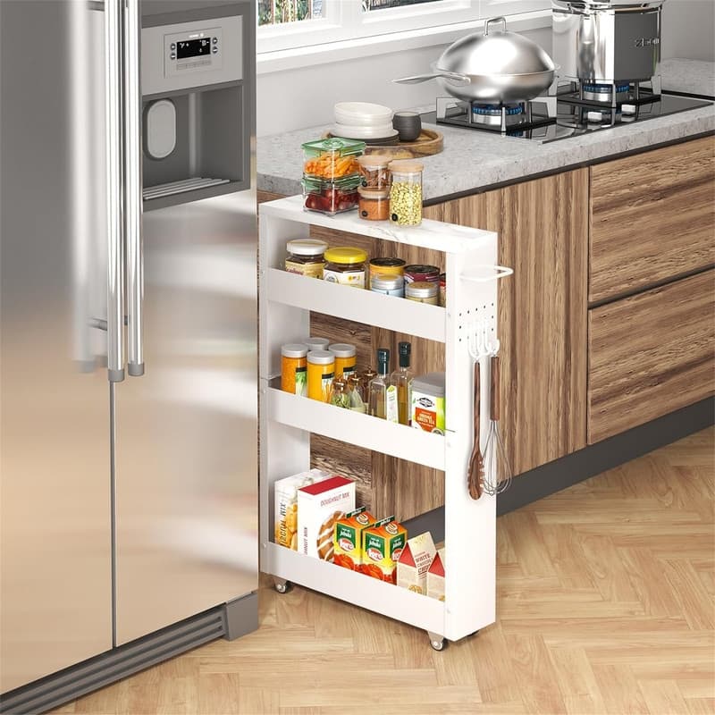4Tier Kitchen Rolling Cart Narrow Storage Cabinet with Handle - 16.7"D x 5"W x 32"H