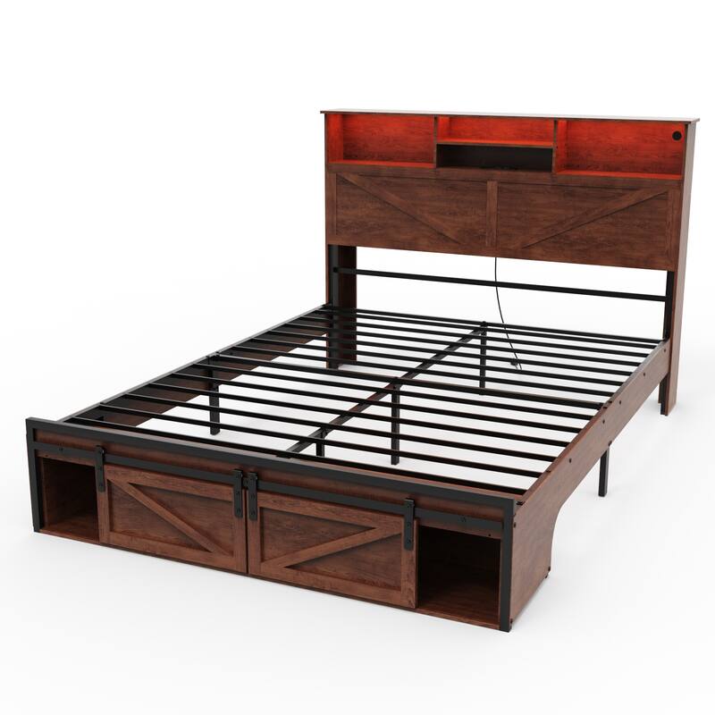 Brown Platform Bed Frame with Charging Station and LED Lights, Open Bookcase Headboard, Sliding Barn Door Storage at the Foot