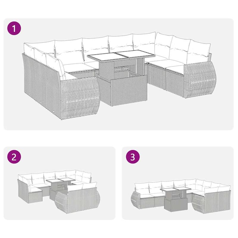 vidaXL Patio Sofa Set with Cushions Outdoor Furniture 10 Piece Poly Rattan - 21.7 x 39.4 x 28.7