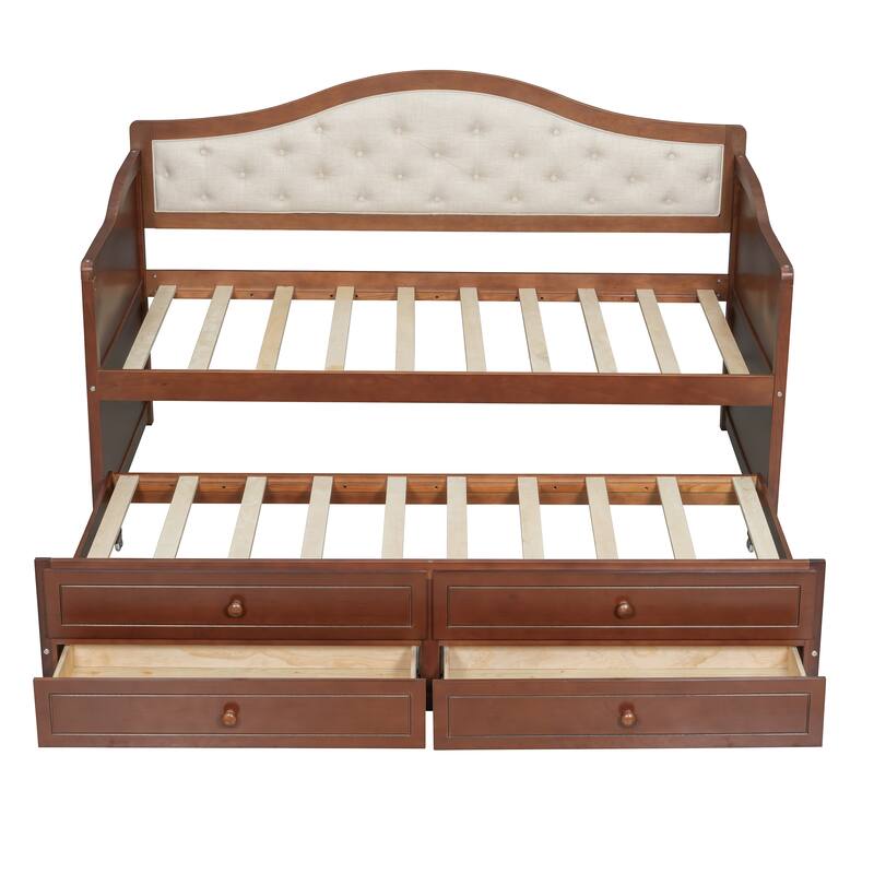 Twin Daybed with Trundle, Twin Size Daybed with 2 Storage Drawers, Wooden Sofa Bed with Upholstered Button Tufted Backrest