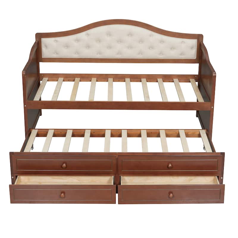 Wooden Frame Day Bed, Twin Size Daybed with Trundle Bed, Upholstered Tufted Button Backrest Sofa Bed with 2 Storage Drawers