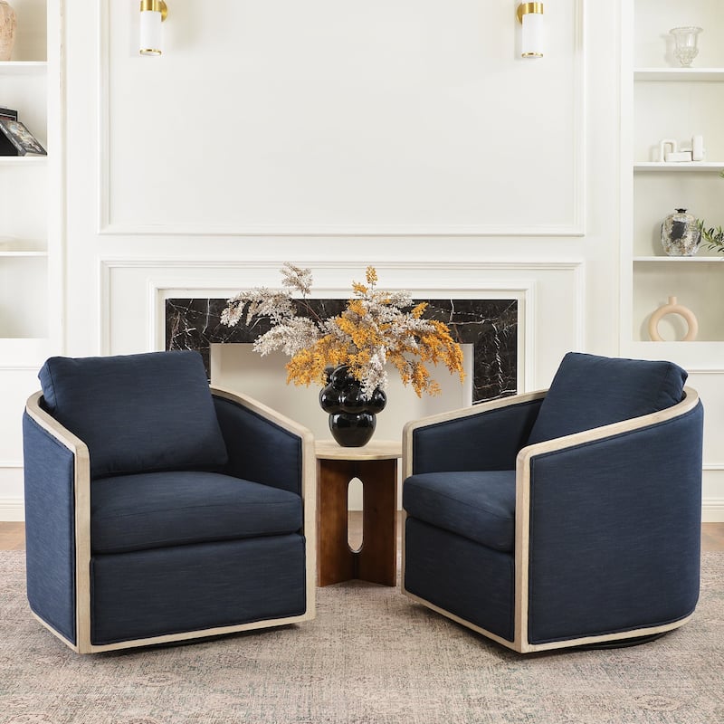 KINWELL 31"W Oak Frame Upholstered Swivel Barrel Armchair