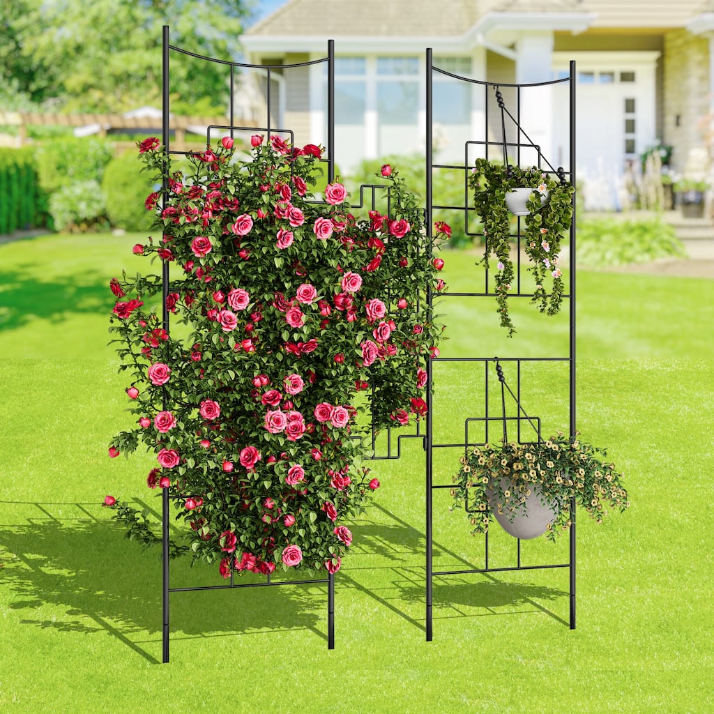 No Dig Dog Fence Outdoor - 66.9'' Tall Rustproof Animal Barrier with Gate, Decorative Garden Fence Panels