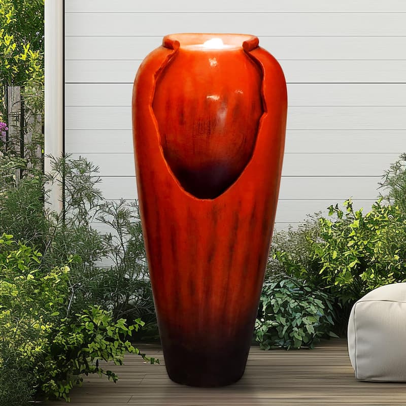 30.7" High Concrete Jar Water Fountain Outdoor, Garden Vase Water Feature - 30.7"H - Red