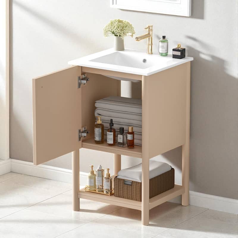 20 Inch Freestanding Bathroom Vanity with Ceramic Sink Soft Close Door Single Cabinet MDF Storage