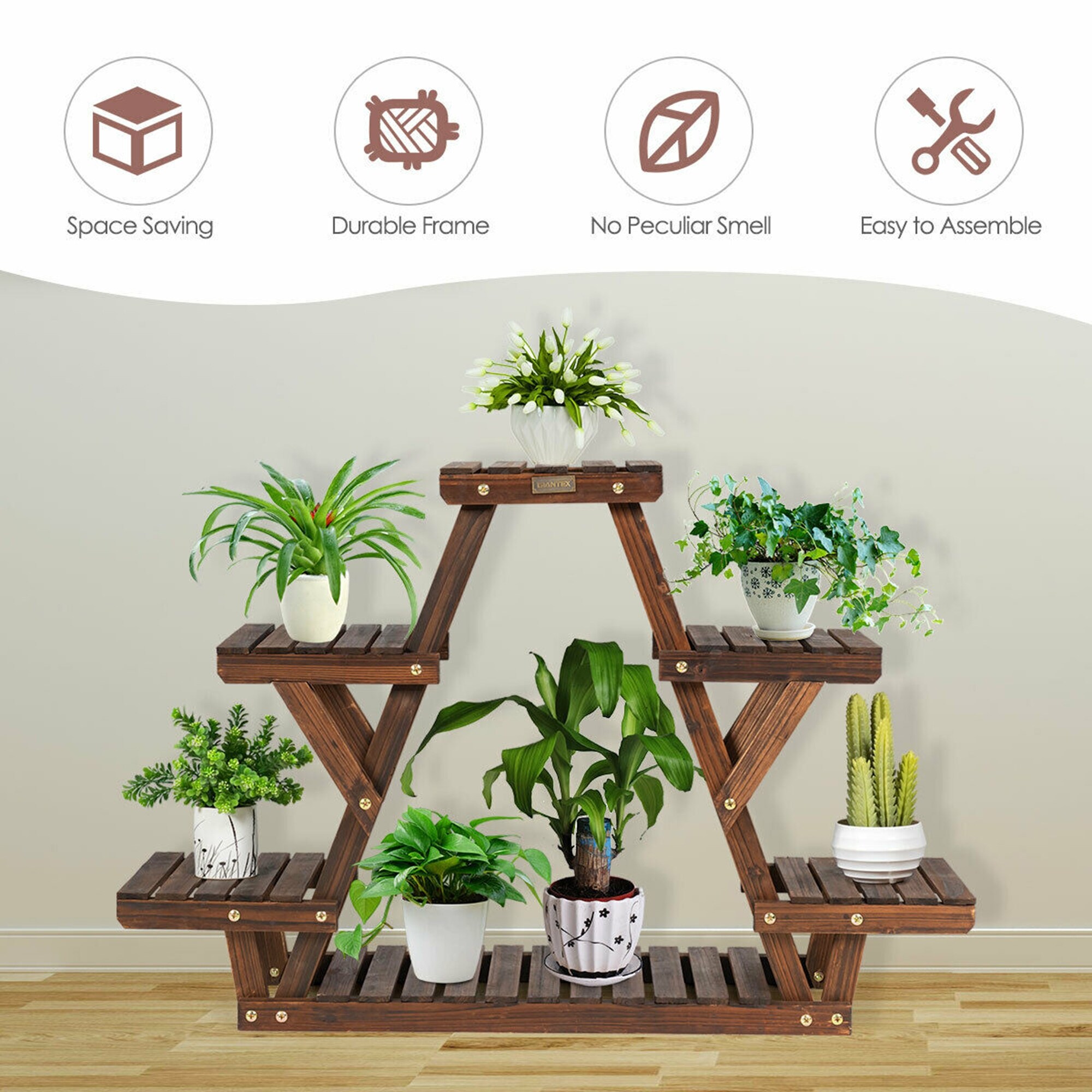 Gymax Wood Plant Stand Triangular Shelf 6 Pots Flower Shelf Storage 32 X 10 X 30 L X W X H Overstock 32149566