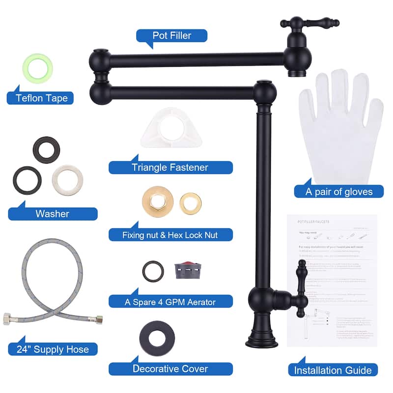 WOWOW 2-Handle Deck Mount Pot Filler Kitchen Faucet with Dual Swing Joints Design