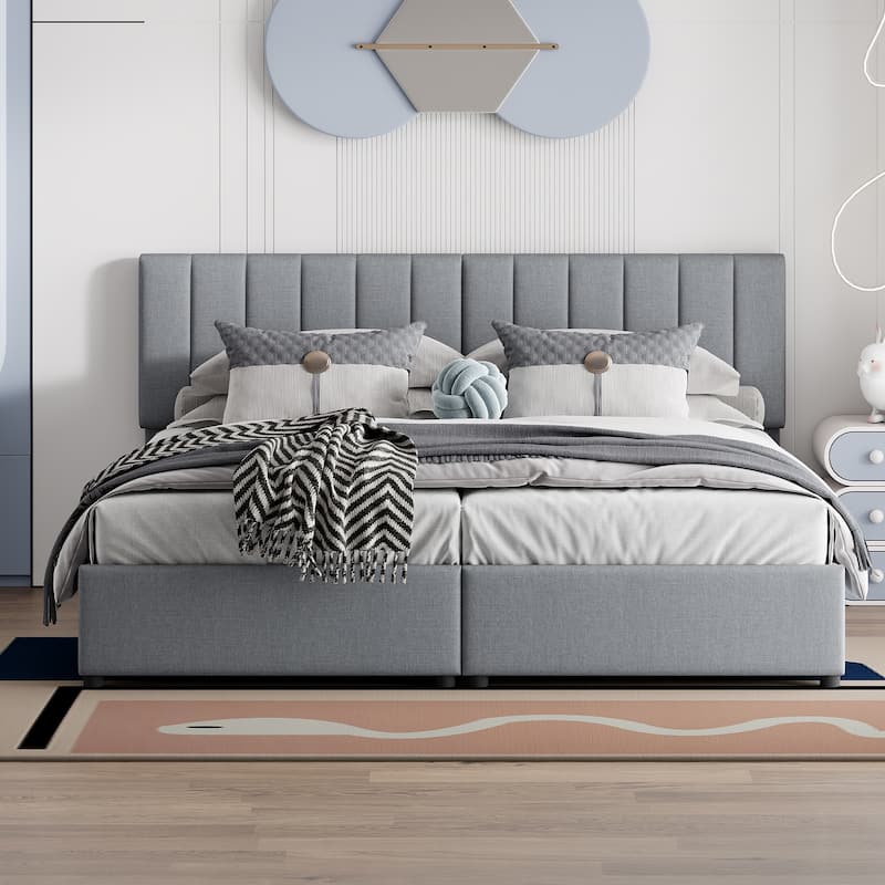 King Size Linen Fabric Platform Bed Frame with Hydraulic Storage System and Vertical Headboard, Wooden Slats Support - Gray - King