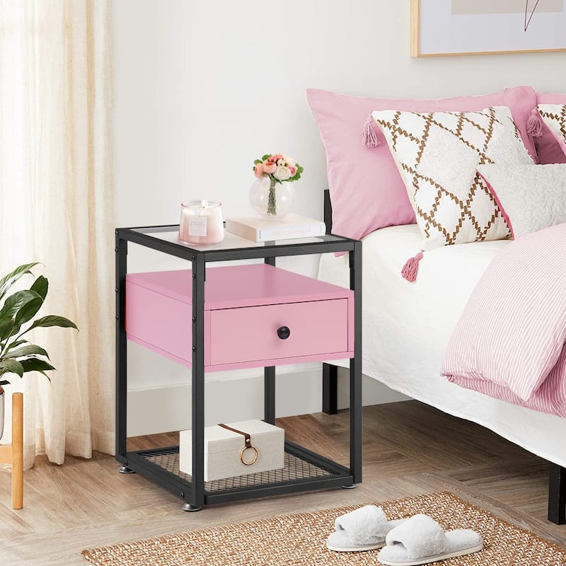 VECELO Modern 1- Drawer Nightstands with Tempered Glass Top