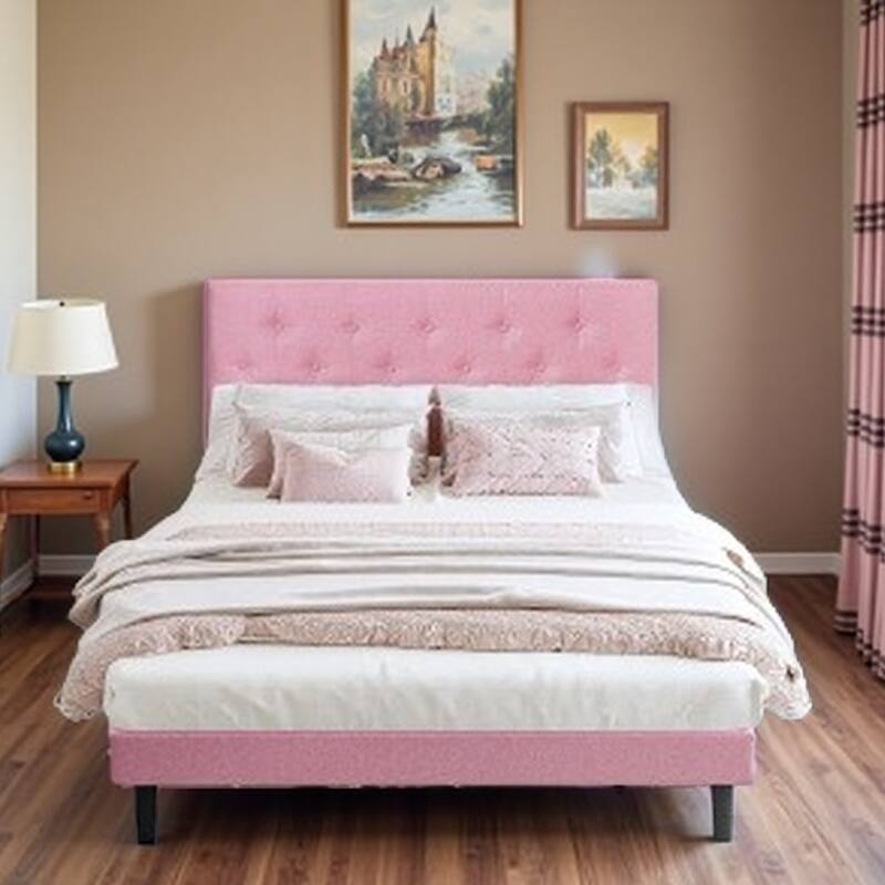 Queen Size Upholstered Platform Bed with Tufted Linen Headboard, Wood Slat Support, Tool-Free Assembly, No Box Spring Required - Full Pink - Full