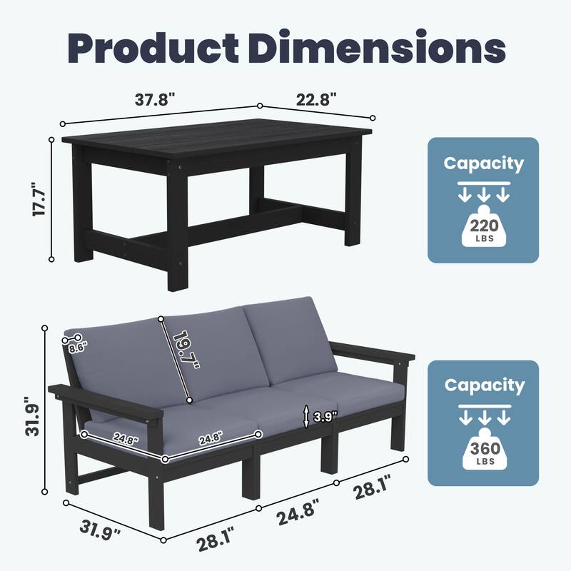 Outdoor Patio HDPE 3-Seat Sofa and Coffee Table Set, Removable Cushions Included