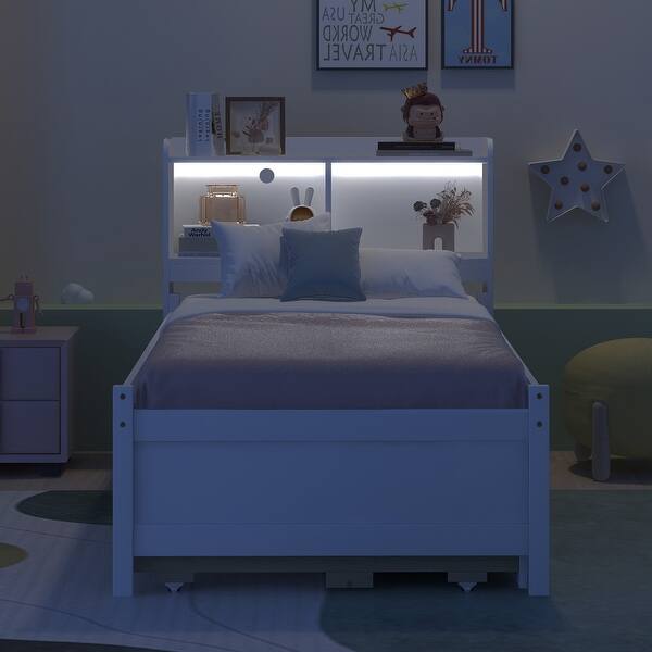 slide 2 of 12, White Twin Size Bed with Built-in USB ,Type-C Ports, LED light, Bookcase Headboard, Trundle and 3 Drawers Storage Bed Frame White