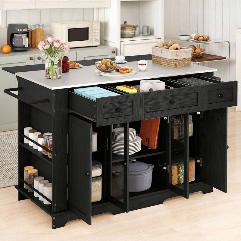 Moasis Kitchen Island with Stainless Steel Top & Power Outlet