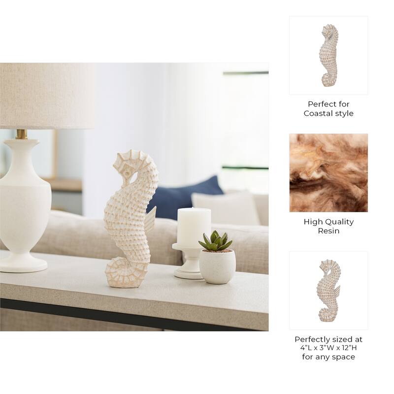 Decorative Resin Seahorse Sculpture Figurine - 12", White & Brown - 12.0"