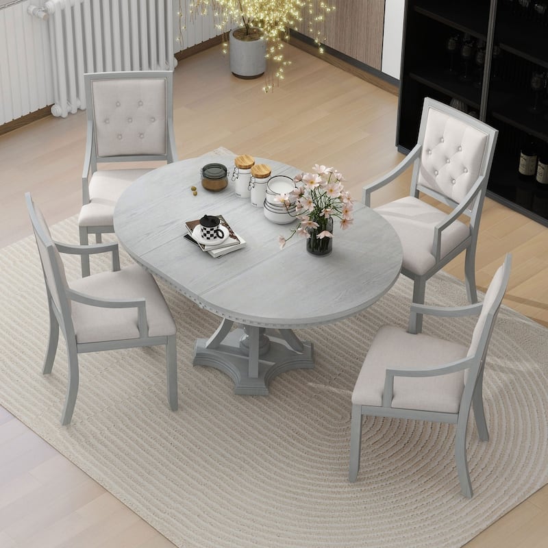 42" Extendable Round Dining Table and 4 Upholostered Chairs, 5-Piece Set - Antique grey