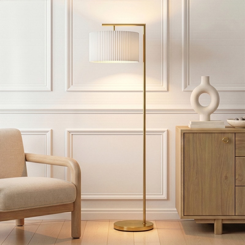 Brightech Montage Modern 60 in. Antique Brass Arc LED Color Adjusting Floor Lamp with White Fabric Drum Shade
