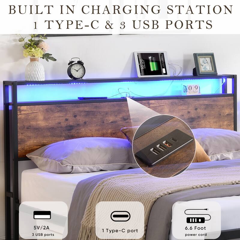 Metal Bed Frame with RGB LED Headboard, USB Charging Ports, Storage Drawers, and No-Noise Design, Full/Queen Size
