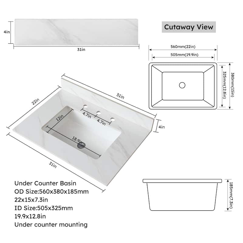 31" Marble Vanity Top with Pre-drilled Faucet Holes, Undermount Sink