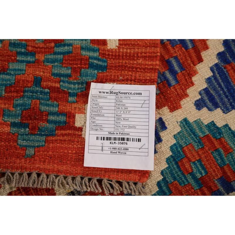 Geometric Kilim Reversible Area Rug Flatweave Orange Wool Carpet - 8'0"x 11'2"