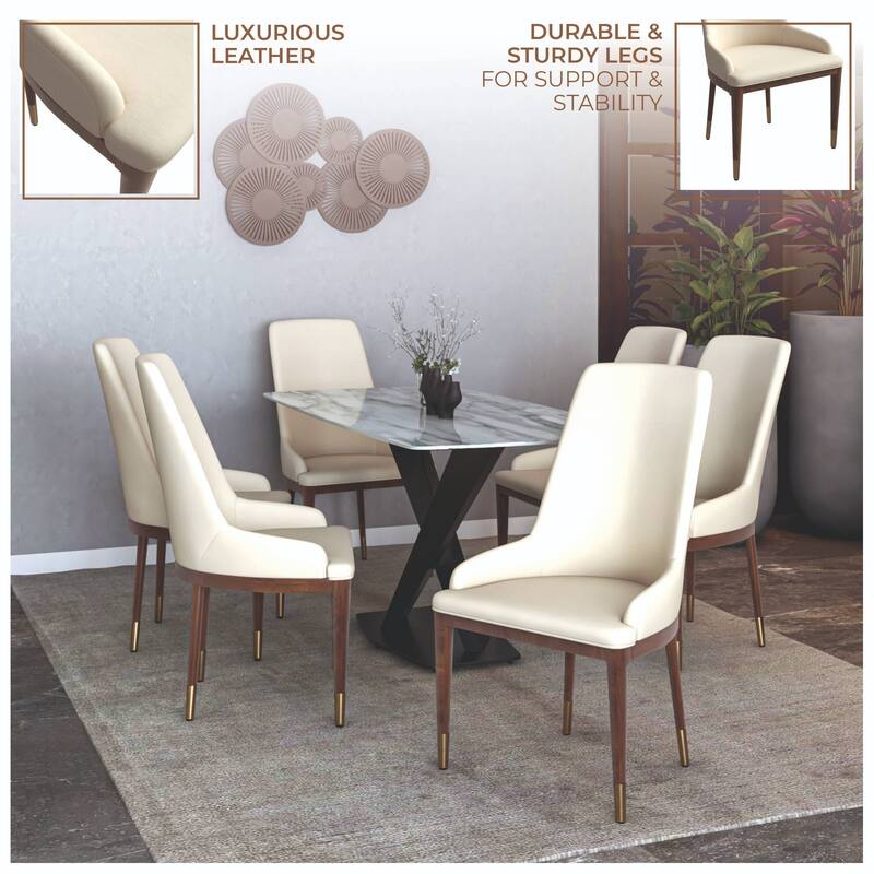 Dining Chair Upholstered in Leather with Rubberwood Frame Set of 2 Side Chair High Back and Gold Accent Legs