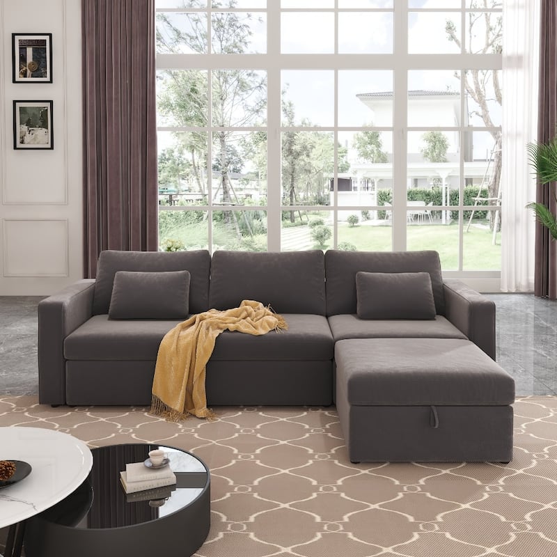 Modern Cotton Linen L-Shape Sectional Sofa, Oversized Upholstery Sectional Sofa, Chaise Couch with Storage Ottomans for Living R