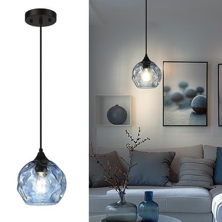 1-Light Blue Hammered Glass Modern Pendant