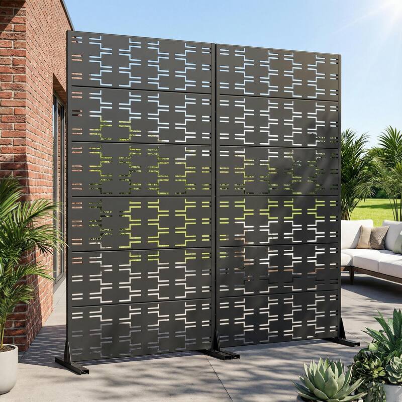 Outdoor Privacy Screen Metal Screen Fence Panel Set of 2 - Black - 72"x35"