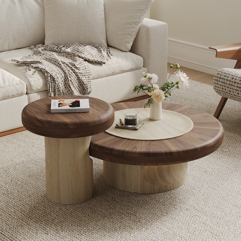 2-Piece Modern Dual-Wood Coffee Table Set, Walnut & Light Wood Carved Base, Stylish Living Room Center & Side Table Combo