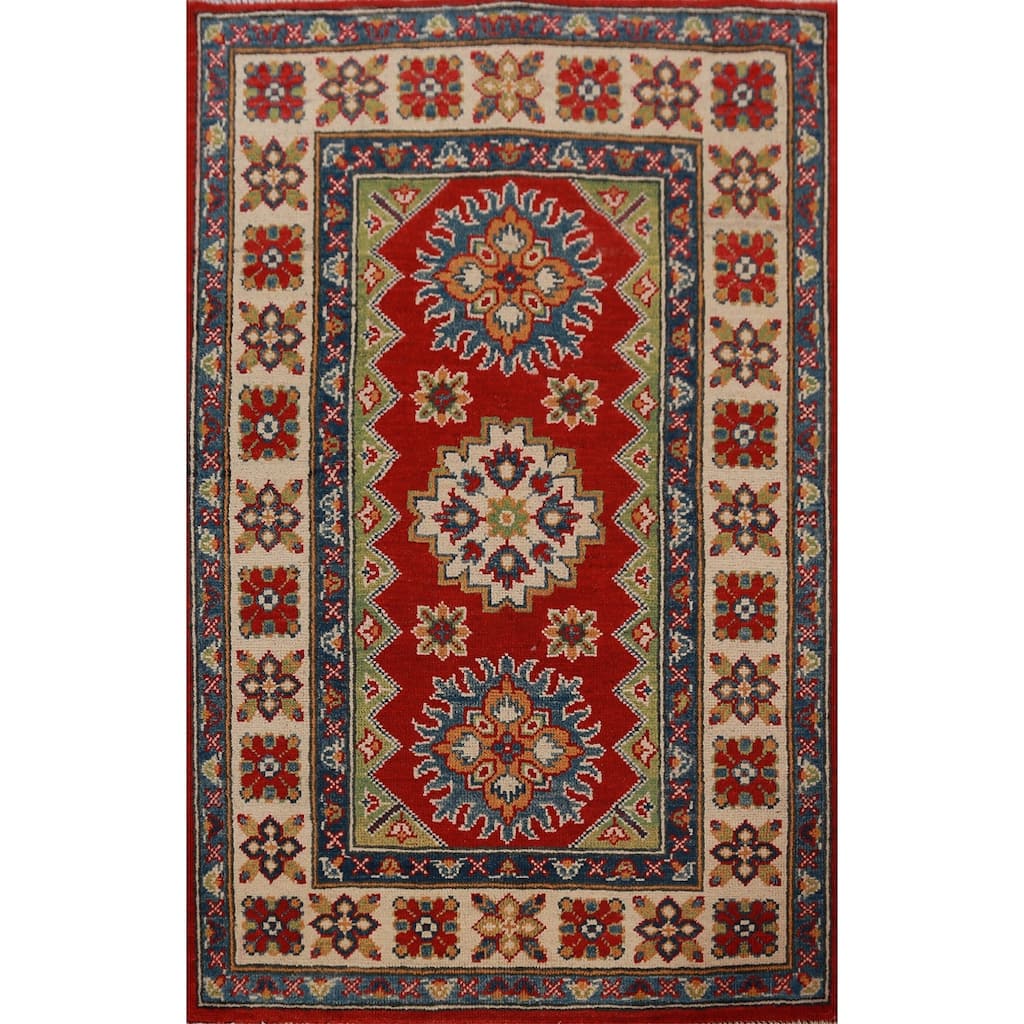 Geometric Kazak Foyer Rug Handmade Red Wool Carpet - 2'9"x 3'11"