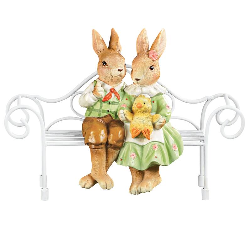 Hand-Painted Bunnies on a Bench Decoration - 9.5 x 6.87 x 3.87