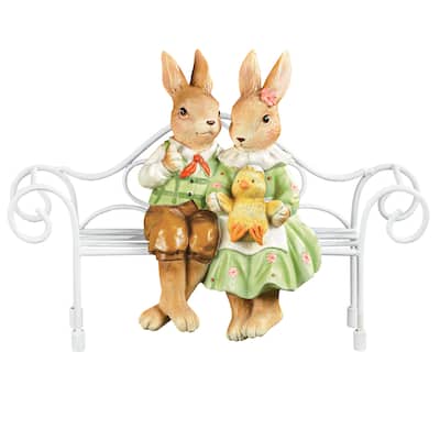 Hand-Painted Bunnies on a Bench Decoration - 9.5 x 6.87 x 3.87