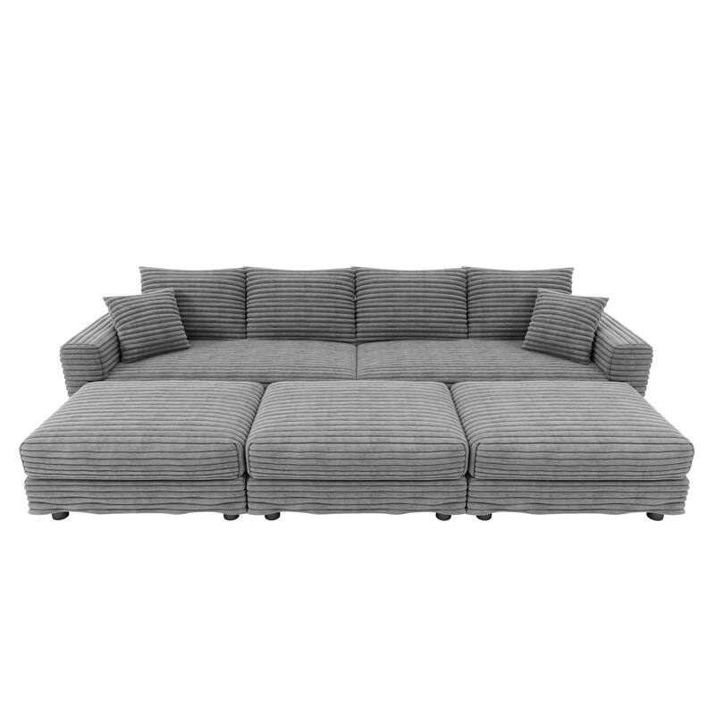 Modern Corduroy Upholstered Sectional Sofa for Living Room, Square Armrest Couch with 3 Ottomans, Convertible Lounge Chair