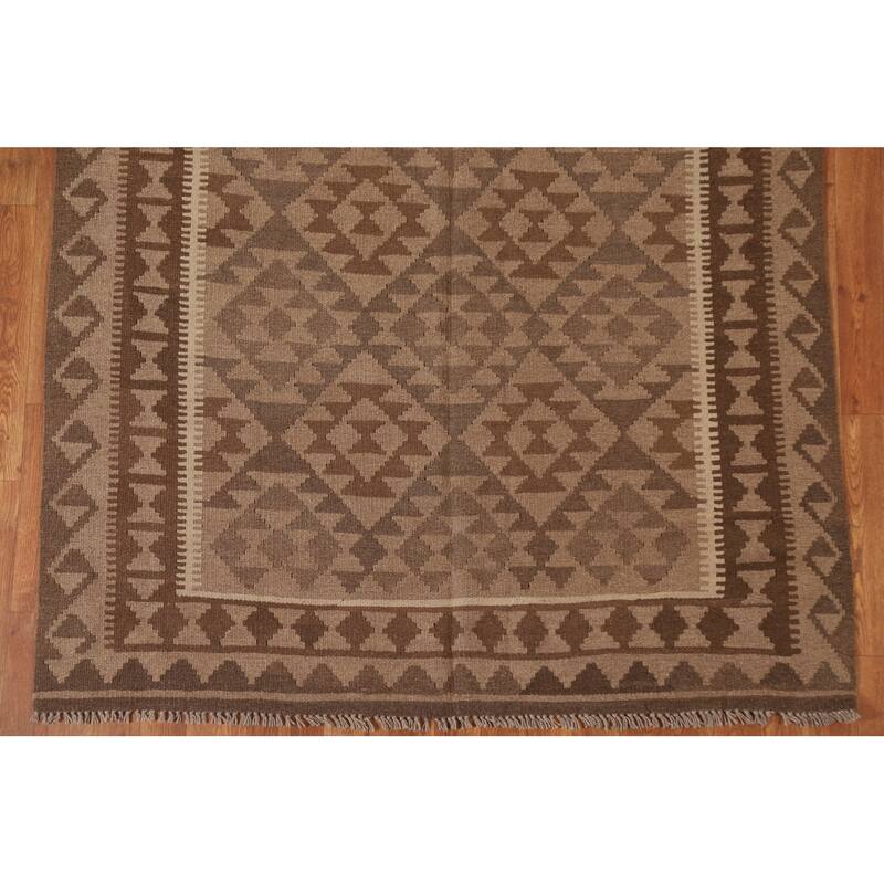 Brown Kilim Oriental Area Rug Hand-woven Bedroom Wool Carpet - 4'11" x 6'9"