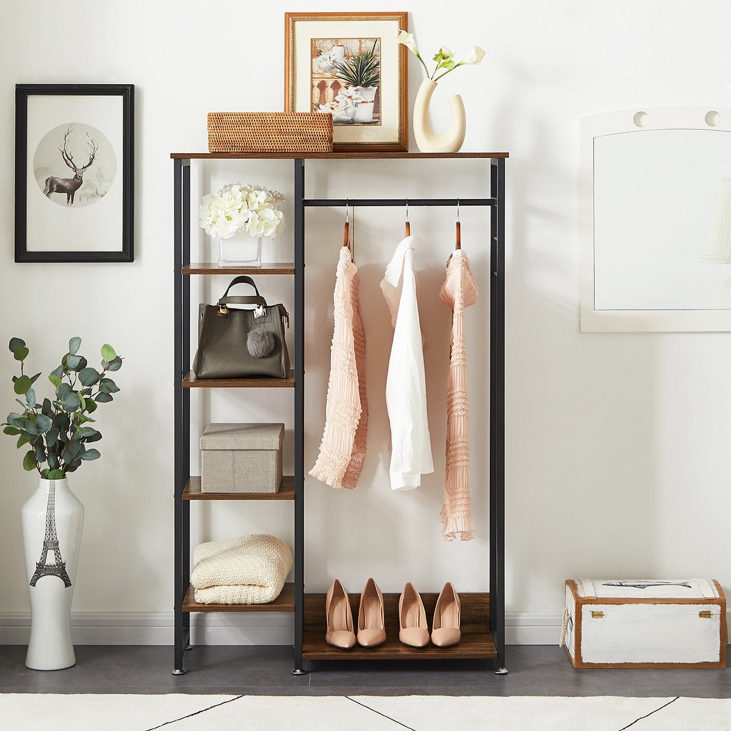 Javlergo Open Wardrobe Closet Organizer with Shelves & Hanging Rod Freestanding Garment Rack for Bedroom