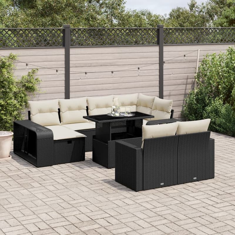 vidaXL Patio Sofa Set with Cushions Outdoor Furniture 11 Piece Poly Rattan - 24.4 x 24.4 x 27.2 - Black and Cream-Glass