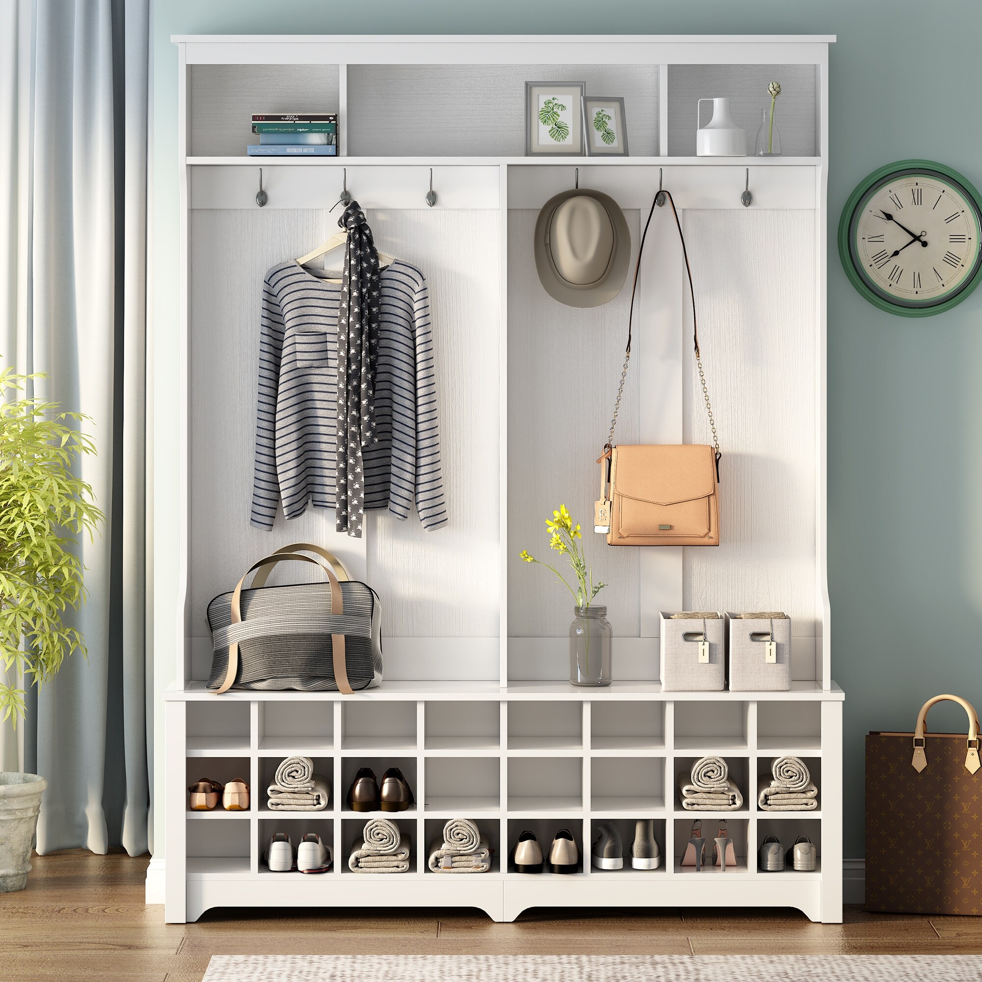 Modern Multiple Functions Coat Rack with Black Metal Hooks Hall Tree with Entryway Bench and 24 Shoe Cubbie for Hallway Bed Bath Beyond 38410250