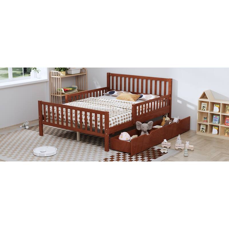 Full Size Wood Platform Bed with Guardrails on Both Sides and Two Storage Drawers, Walnut