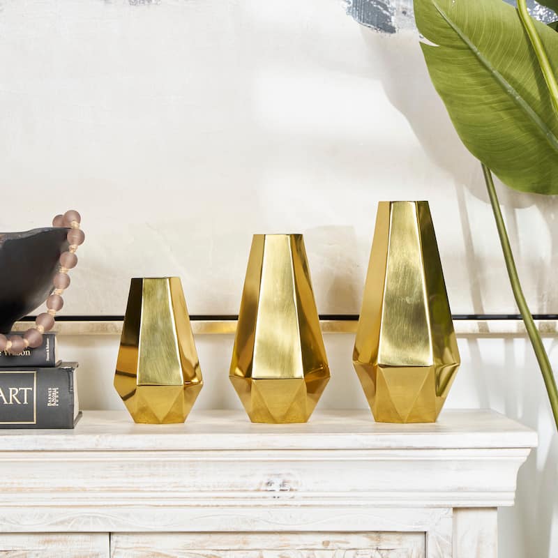 Silver or Gold Stainless Steel Metal Hexagon Shaped Geometric Vase with Varying Heights (Set of 3) - Gold