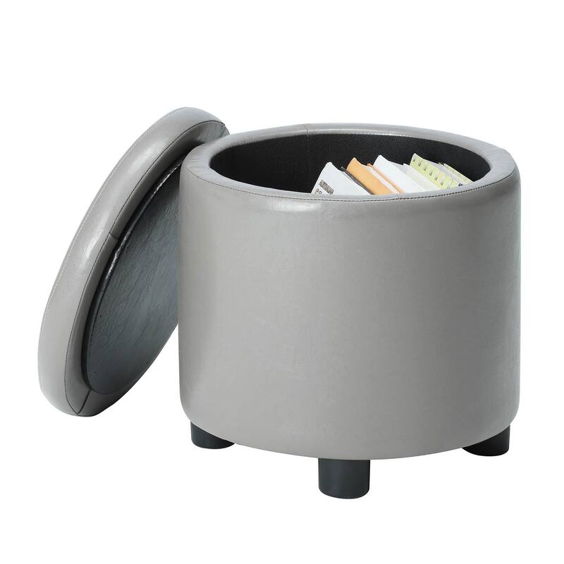 Contemporary Round Accent Storage Ottoman with Reversible Tray Lid for Small Spaces and Multipurpose Organization