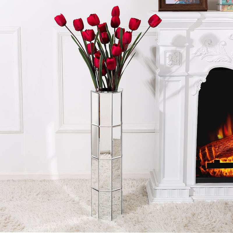 Mirrored Tall Flower Vase Large Glass Vase - silver