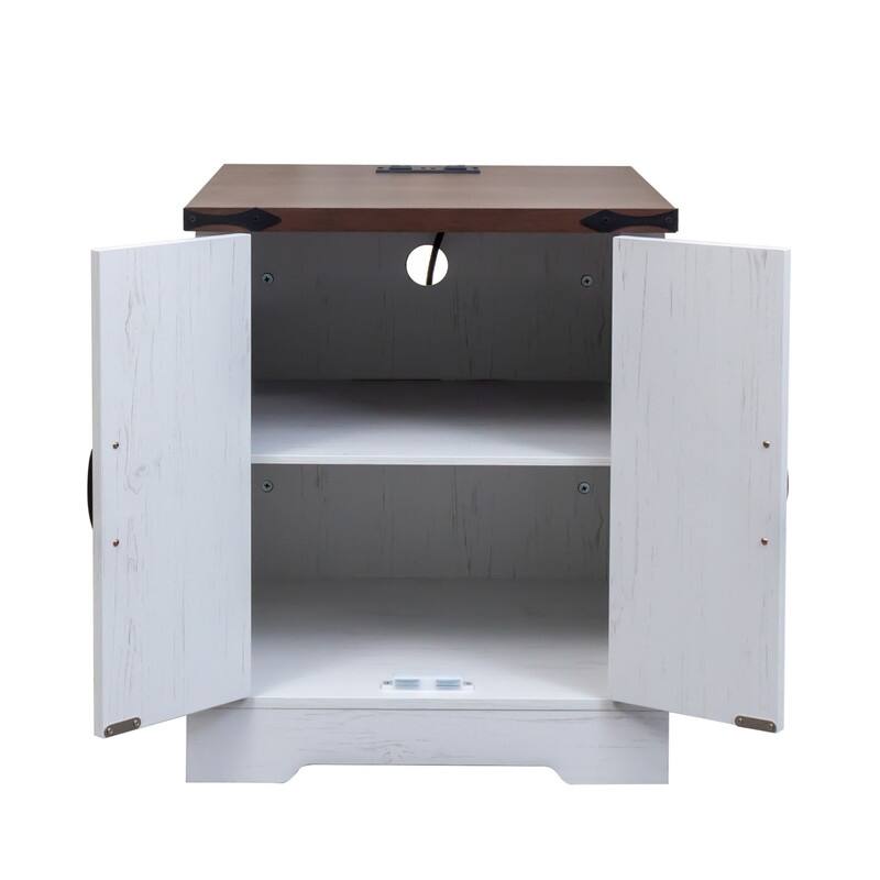 Farmhouse Nightstand with Charging Station, Rustic Bedside Table with Shelf