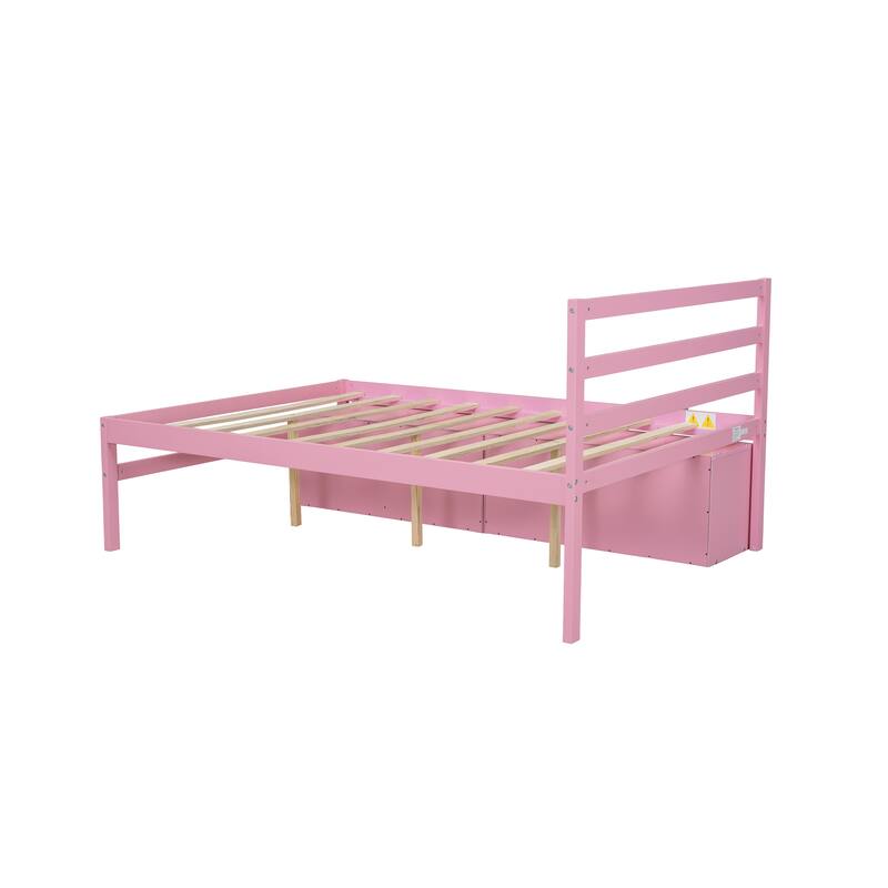 Pink Full Size Platform Bed with Under-Bed Storage Drawers, Removable Shelves, Solid Wood Frame