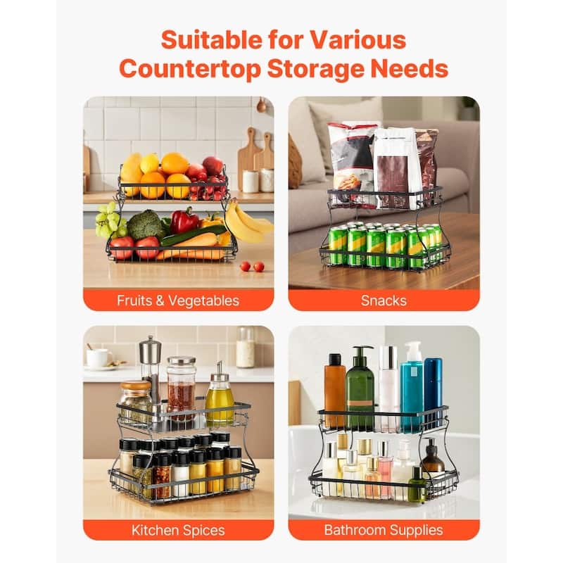 Matte Black Double-Layer Fruit Basket Holder Countertop Storage Organizer for Kitchen Fruits - 15.16” x 9.06” x 9.65”