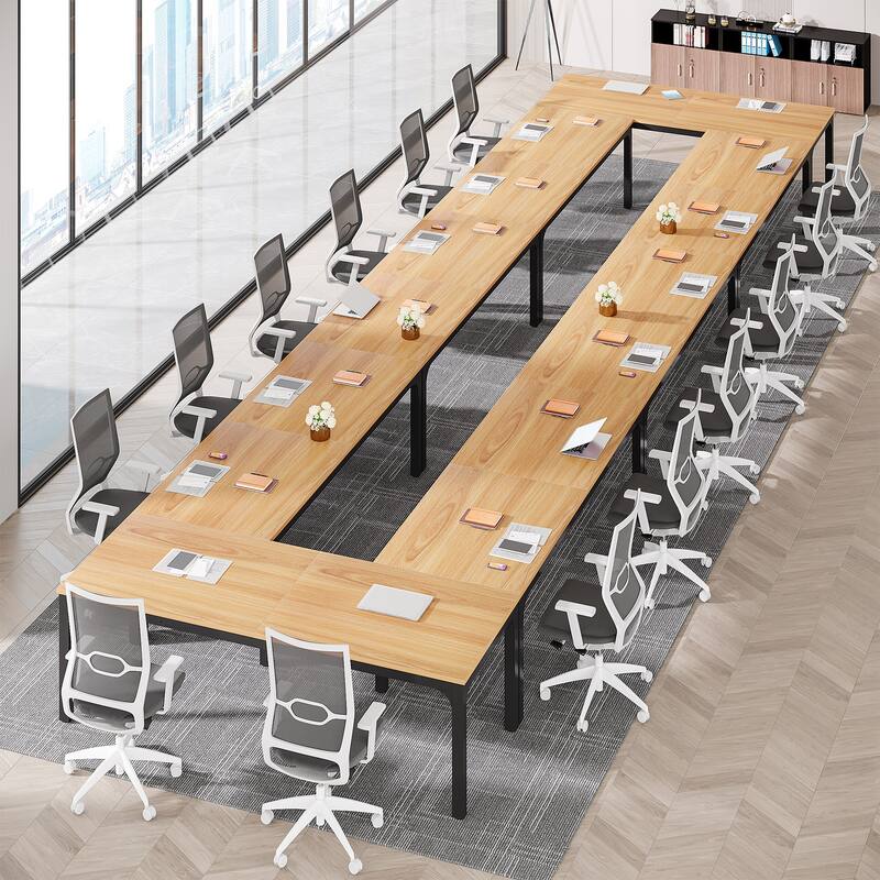 78.74-Inch Conference Table Set,13FT Conference Room Table, Large Rectangle Meeting Seminar Tables Set,Long Business Tables - LightBrownBlackx8